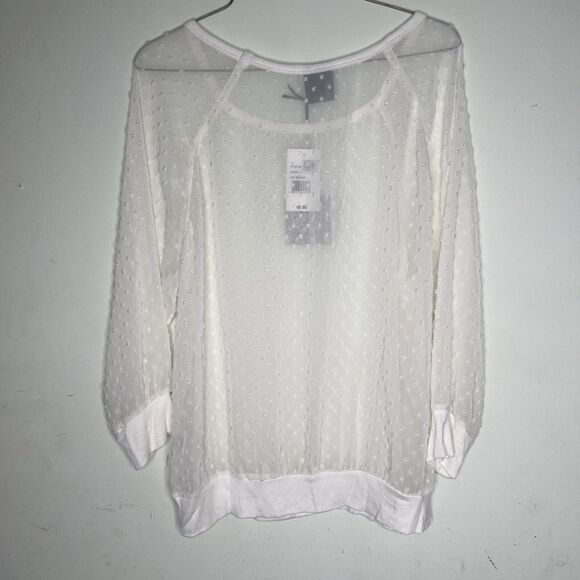 Bobeau Blouse Women Raised Polka Dot  Medium  Ivory Sheer Long Sleeve Crew Neck - Picture 7 of 11